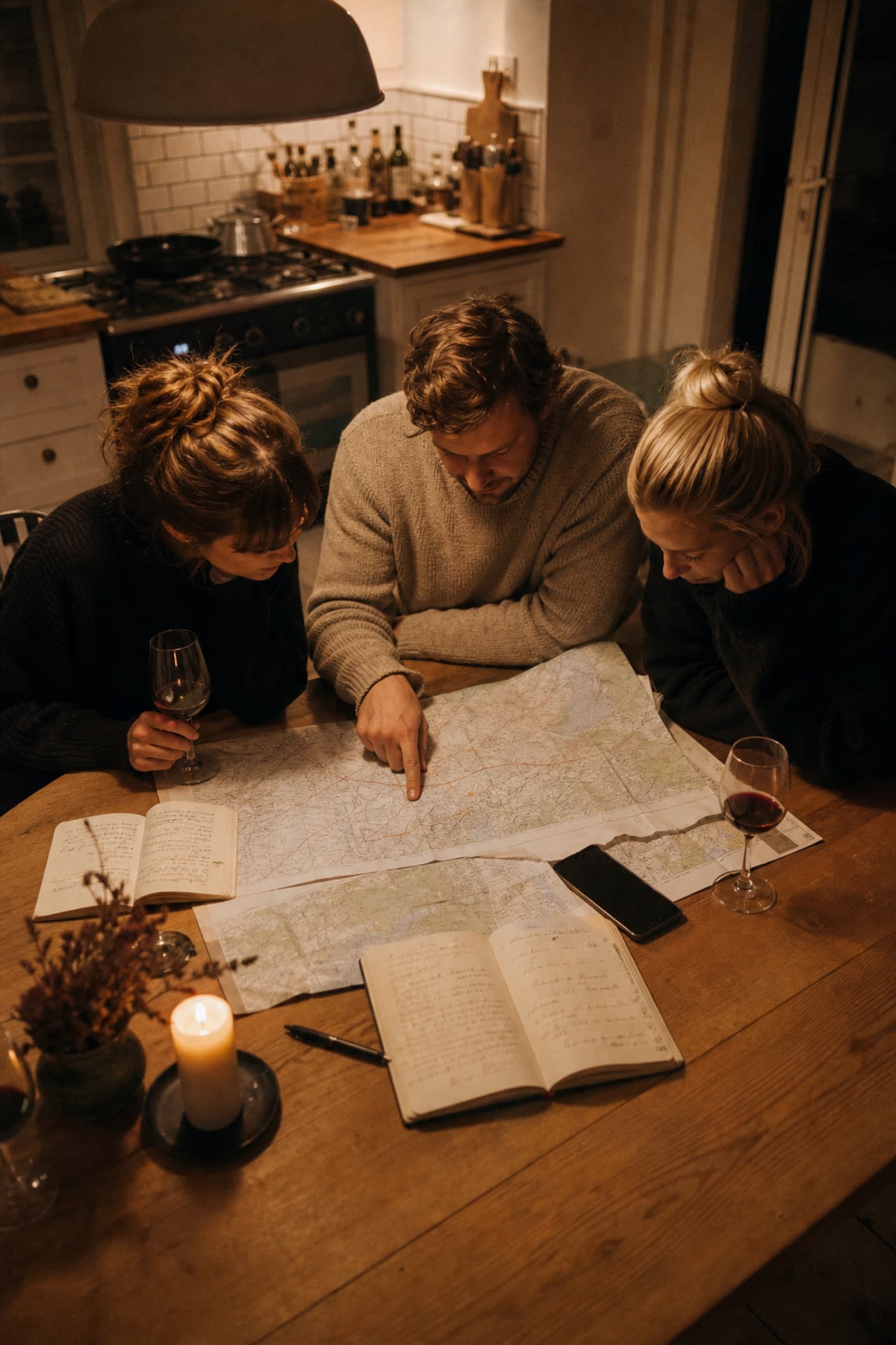 Friends leaning over a paper map, planning a journey together