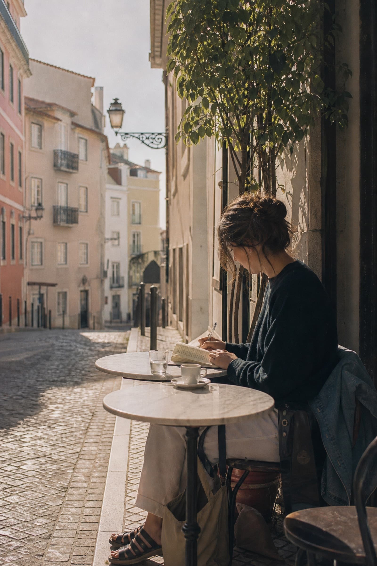 A traveler journaling alone at a sunlit Lisbon café table
