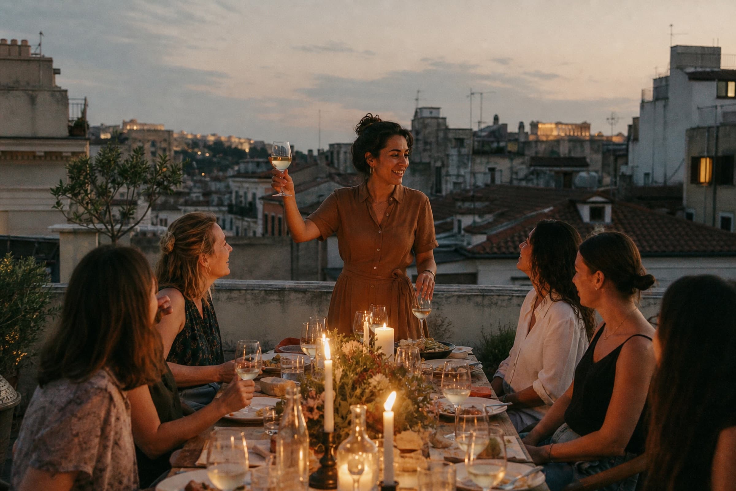 Creator raising a toast while hosting a rooftop dinner for their travel group