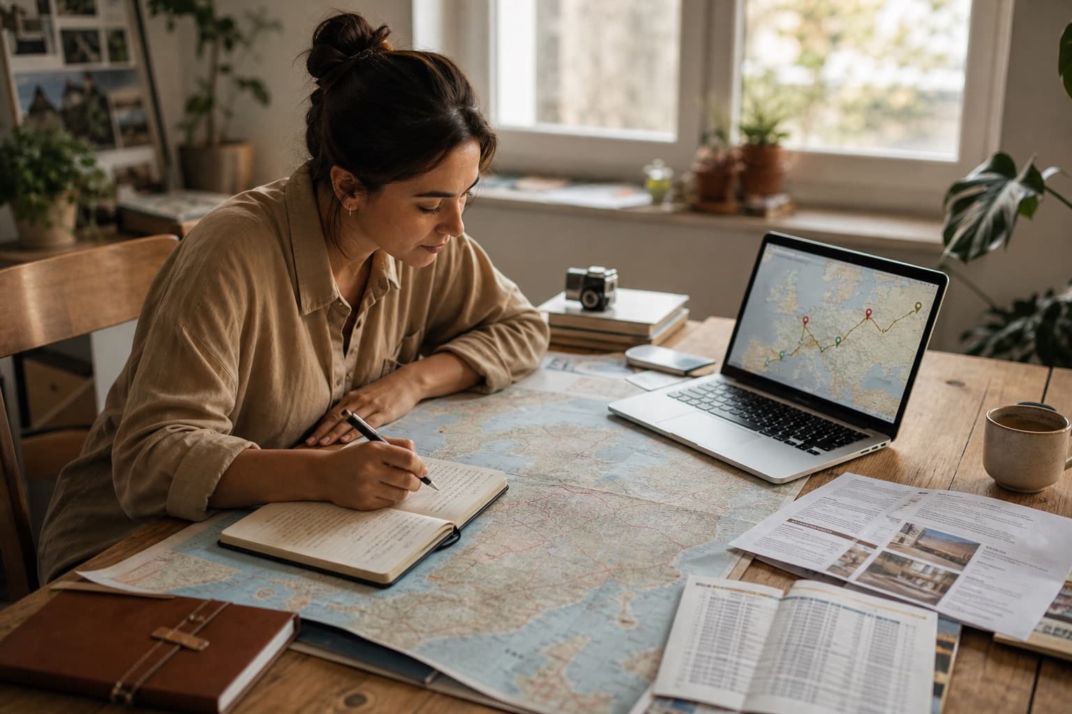 A planning concierge annotating an itinerary over a map at her desk