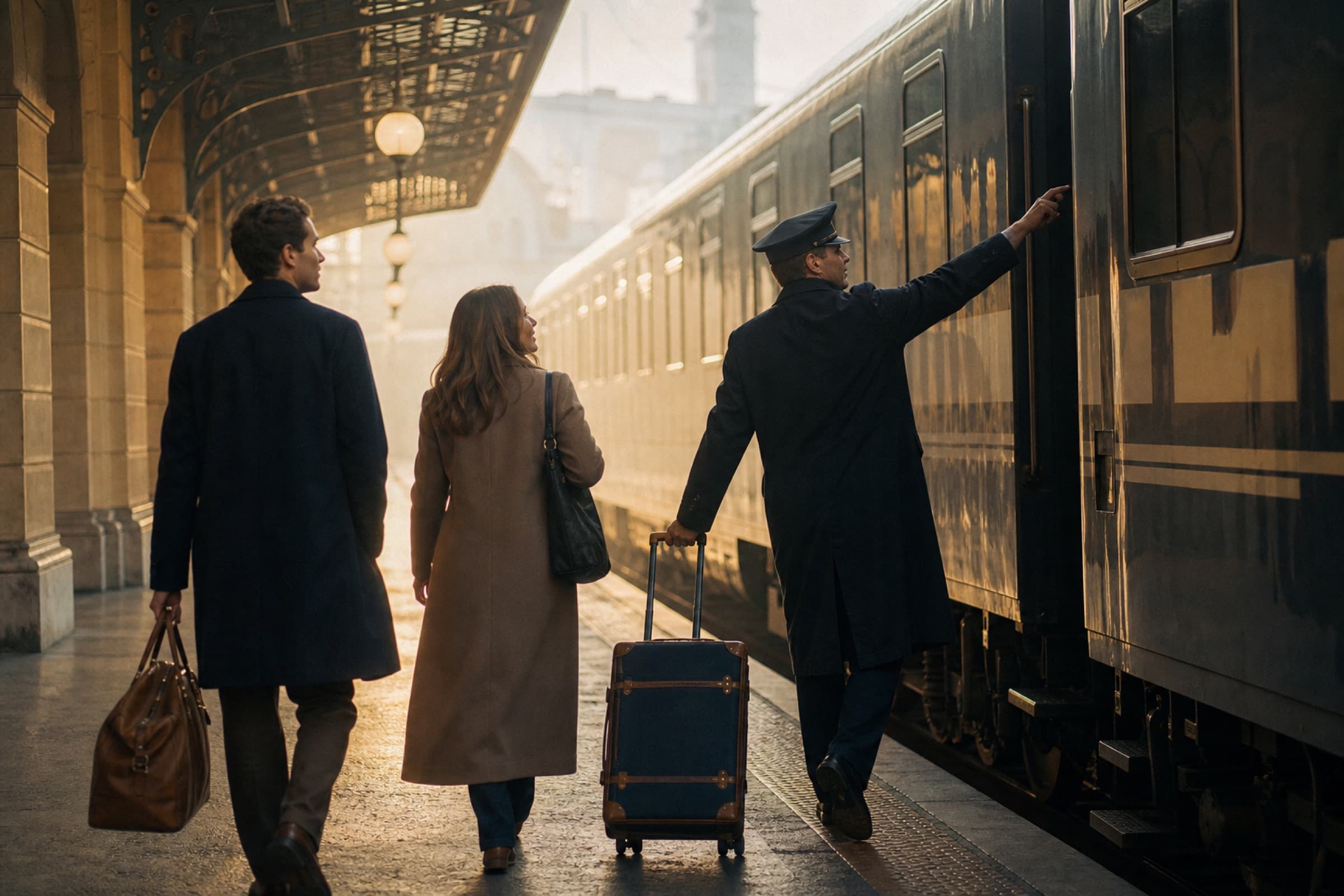 A travel concierge guiding clients along a rail platform