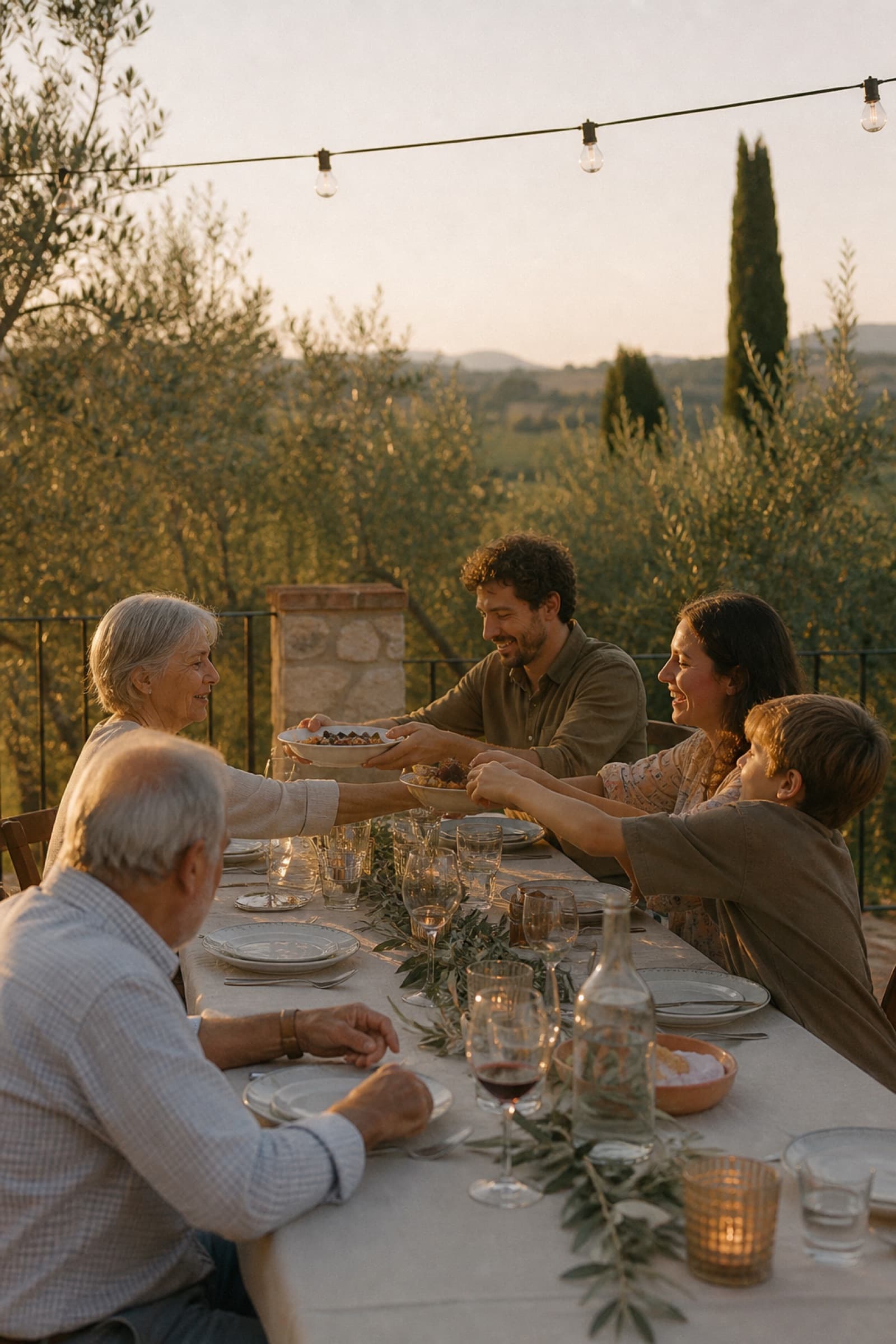 A family sharing a meal around a table while traveling