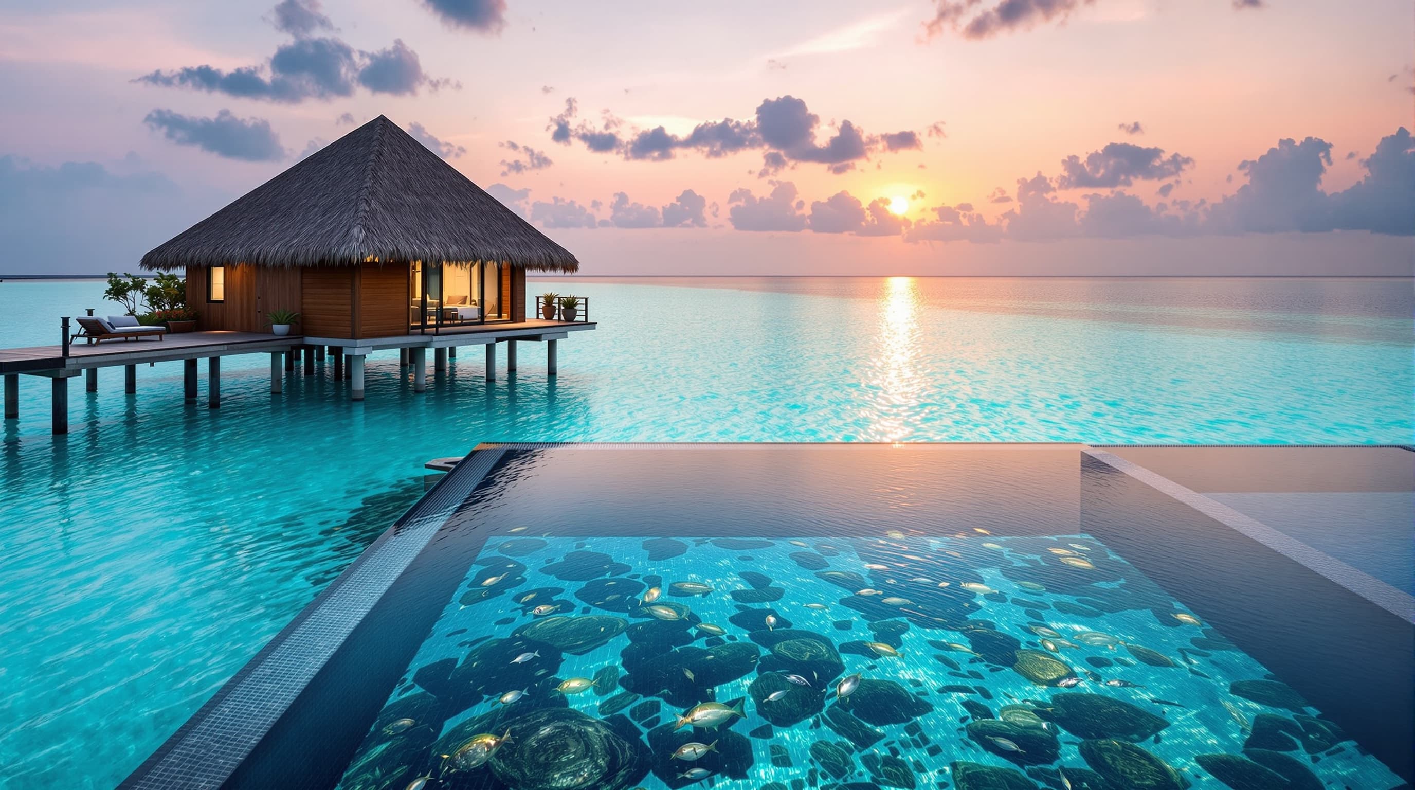 An overwater villa and infinity pool at sunset in the Maldives